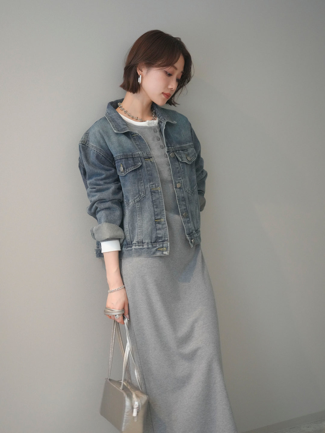 [予約]配色レイヤードヘンリーネックカットリブワンピース/mokugray