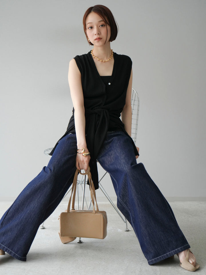 [SET]腰巻きデザインノースリーブニットカーディガン+ヒップデザインデニムパンツ(2set)