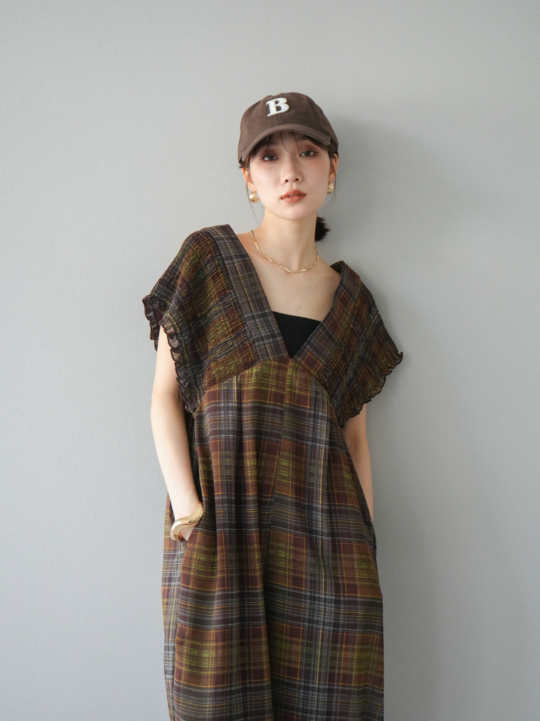 [予約]シアーチェックシャーリングサロペット/ブラウン