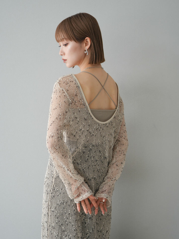 [預購] 鏤空網眼露背洋裝/象牙白