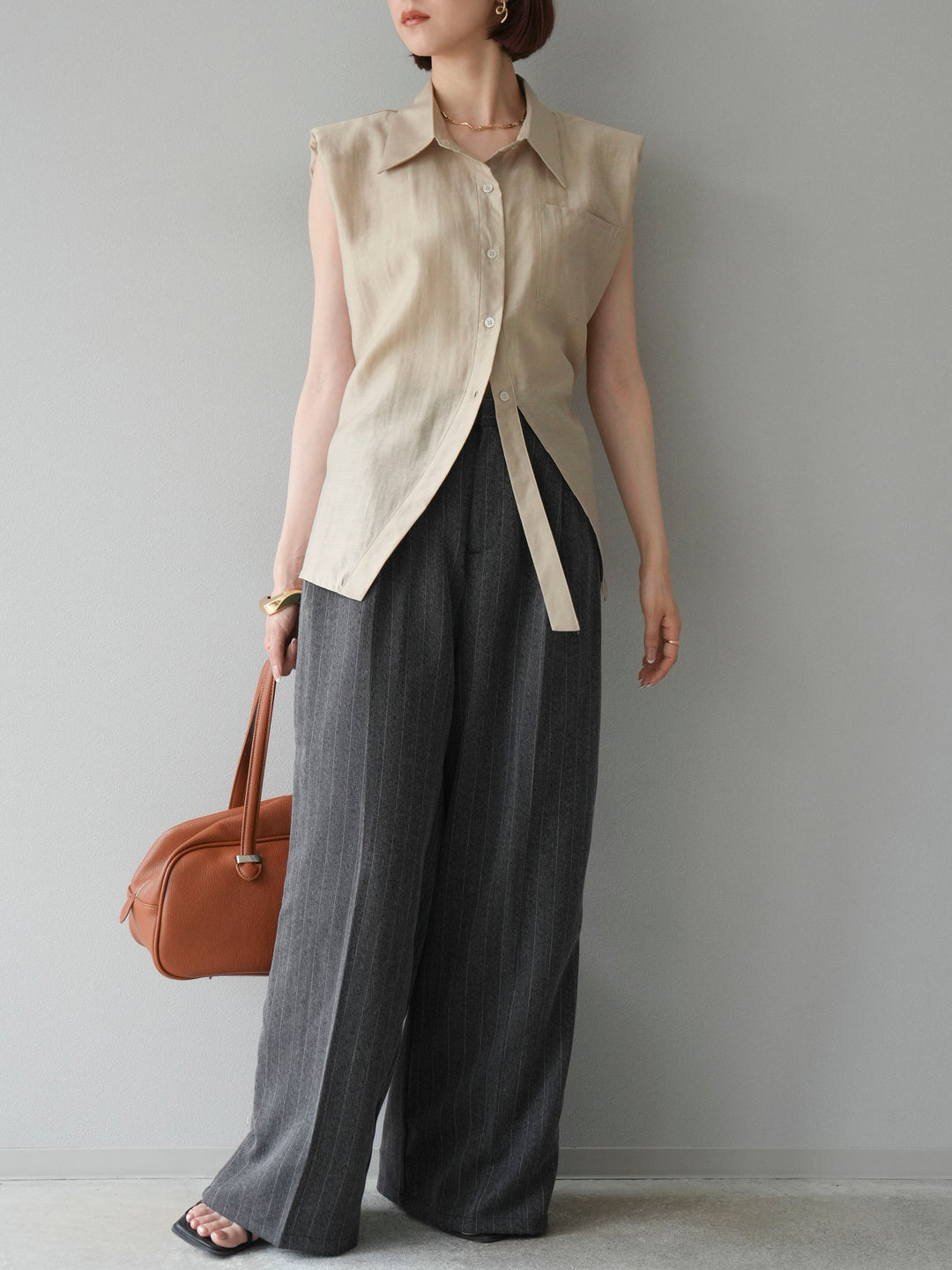 [予約]サイドラインストライプワイドパンツ/チャコール