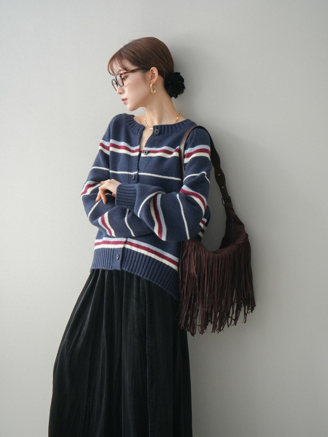 [予約]ランダムボーダーニットカーディガン/navy