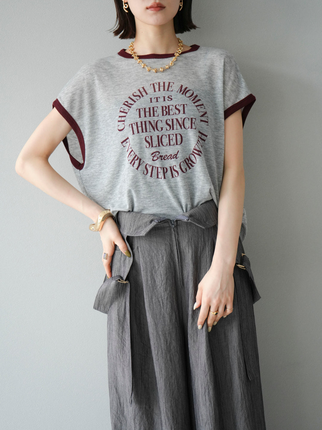 [予約]ストリングデザインハイウエストサロペット/チャコール