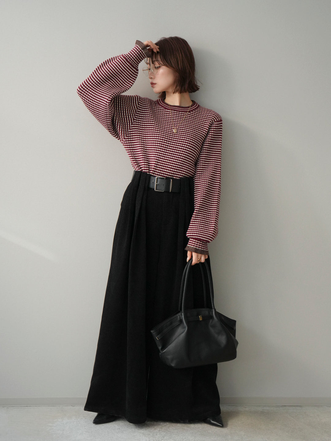 [SET]ラメ異素材ボーダーリブニットプルオーバー+ベルトデザインループコールテンワイドパンツ(ベルト付き)(2set)