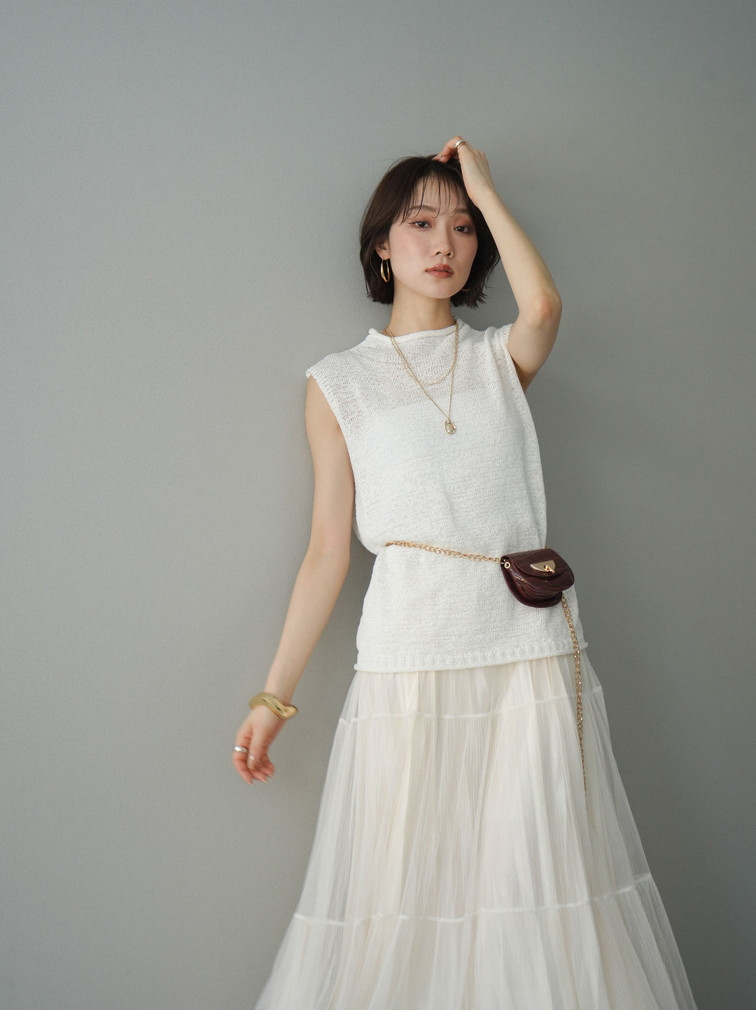 [予約]ノースリーブリネンタッチシアーニットプルオーバー/white