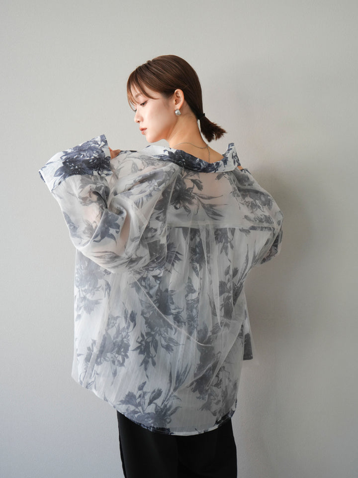 [予約]チュールドッキングフラワー柄オーバーサイズシャツ/グレー