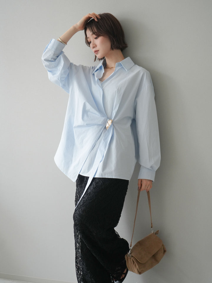 [SET]メタルパーツドレープシャツ+シアーコードレースイージーパンツ(2set)