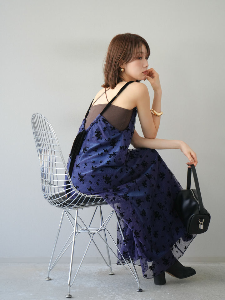 [SET]フロッキーチュールレイヤードベロアキャミワンピース+カップ付きバッククロスキャミソール(2set)