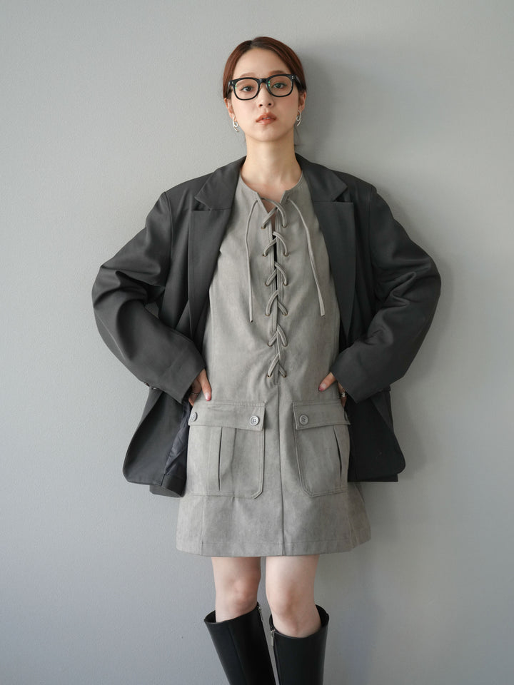 [予約]レースアップスエードミニワンピース/グレー