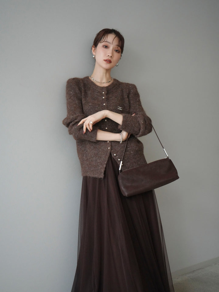 [SET]ブローチ付silverボタンミックスニットカーディガン+チュールボリュームスカート(2set)