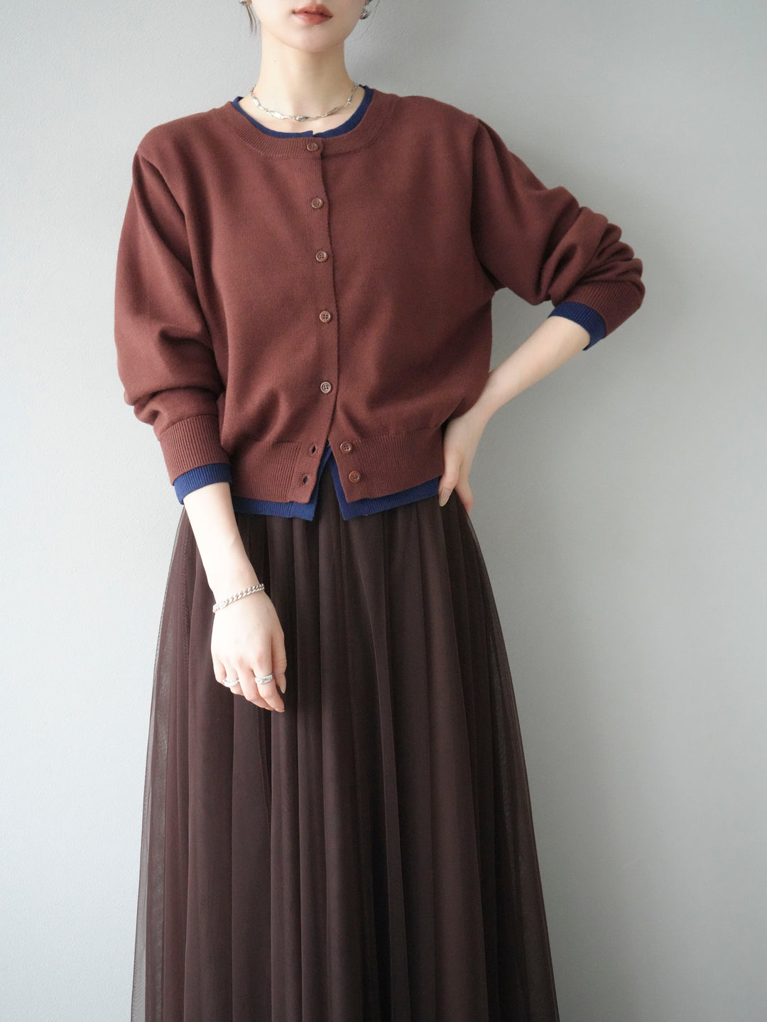 [SET]配色レイヤードカーディガン+チュールボリュームスカート(2set)