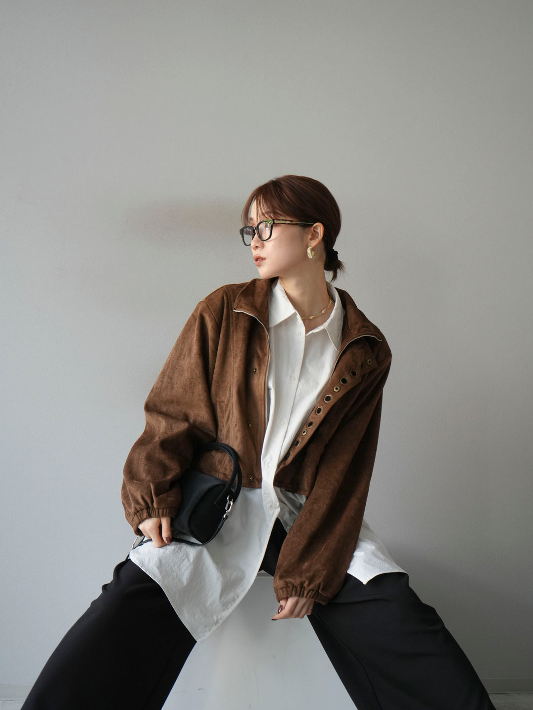 [予約]パンチングデザインスエードショートジャケット/ブラウン