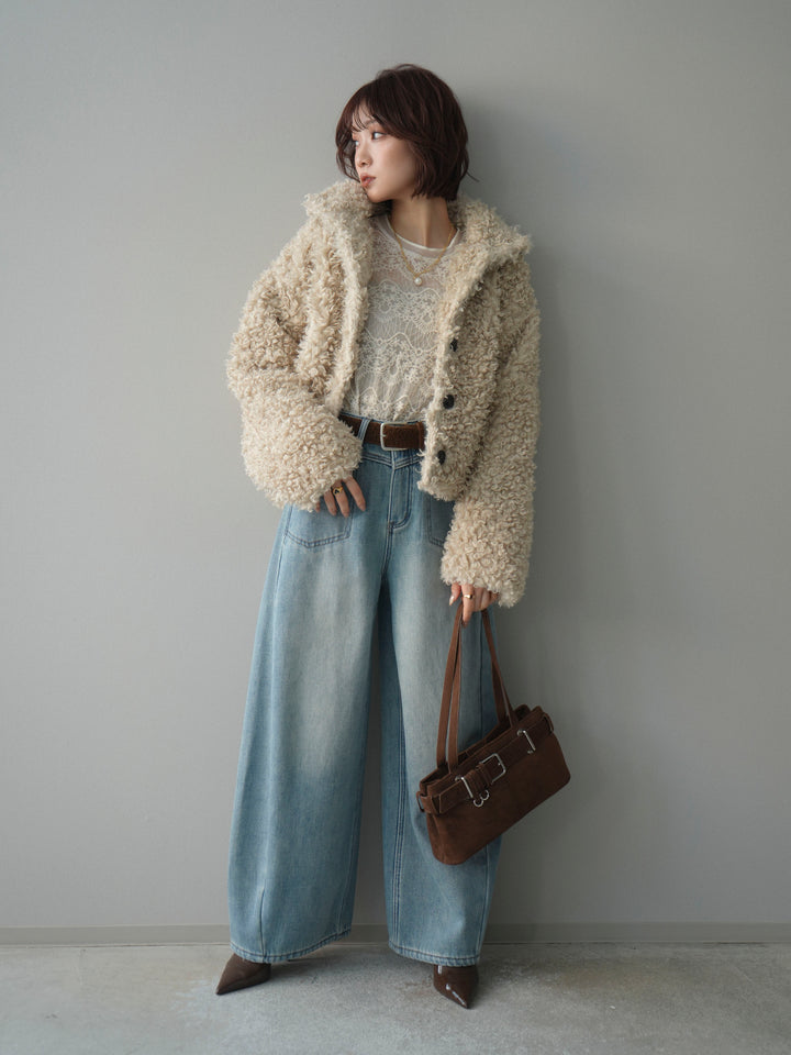 [SET]プードルファーミドルスタンドブルゾン+ベルト付裏起毛カーブデニムパンツ(2set)