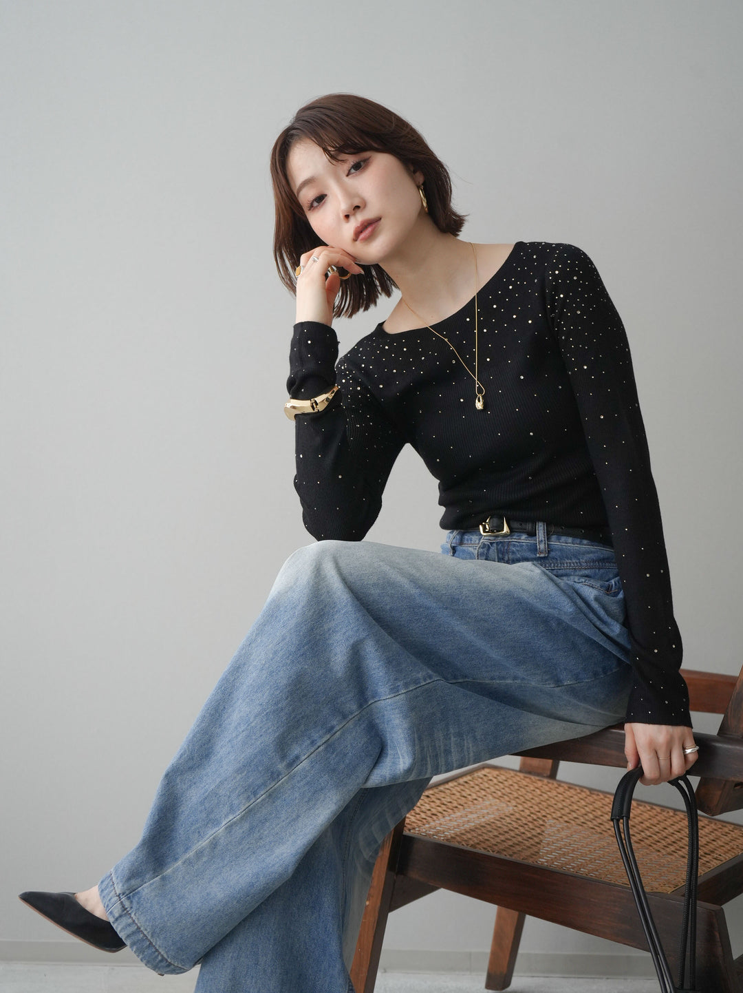 [SET]スパンコールシアーニットトップス+フロントポケットサイドタックワイドデニム(2set)