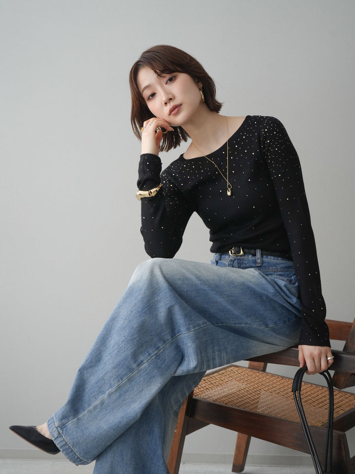 [SET]スパンコールシアーニットトップス+フロントポケットサイドタックワイドデニム(2set)