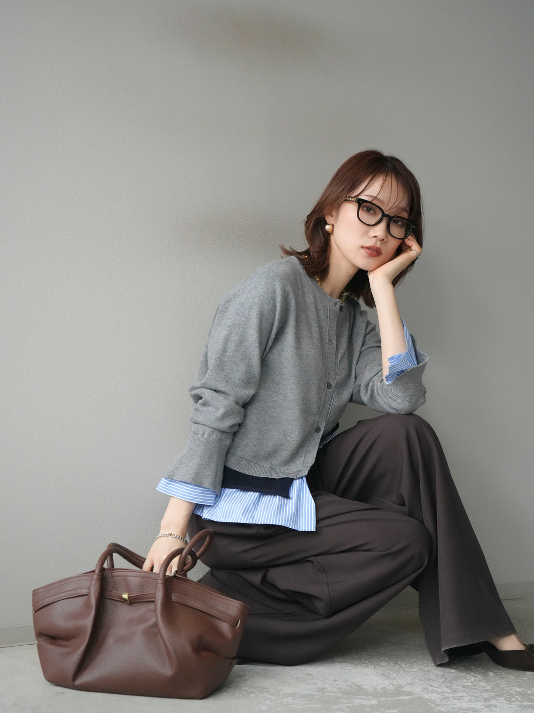 [予約]シャツ襟レイヤードニットカーディガン/gray