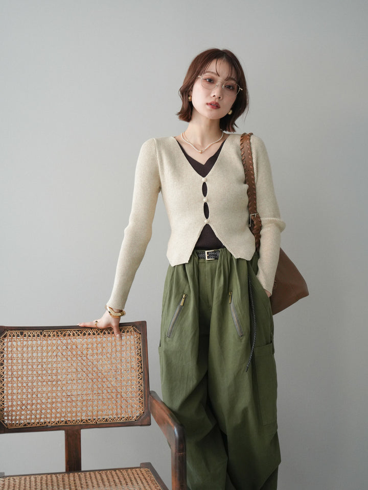 [SET]Vネック配色レイヤードスリットニットトップス+コットンタックループパンツ(2set)