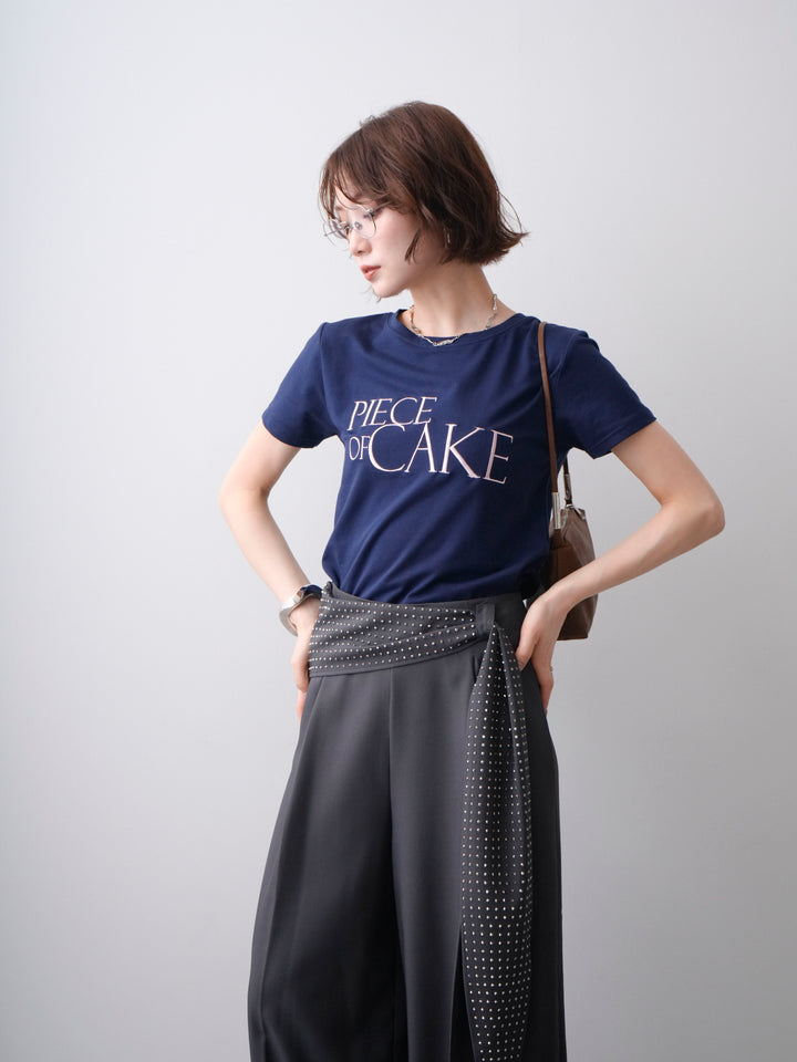 【套裝】刺繡Logo T卹+串珠腰帶束腰寬褲（兩件組）