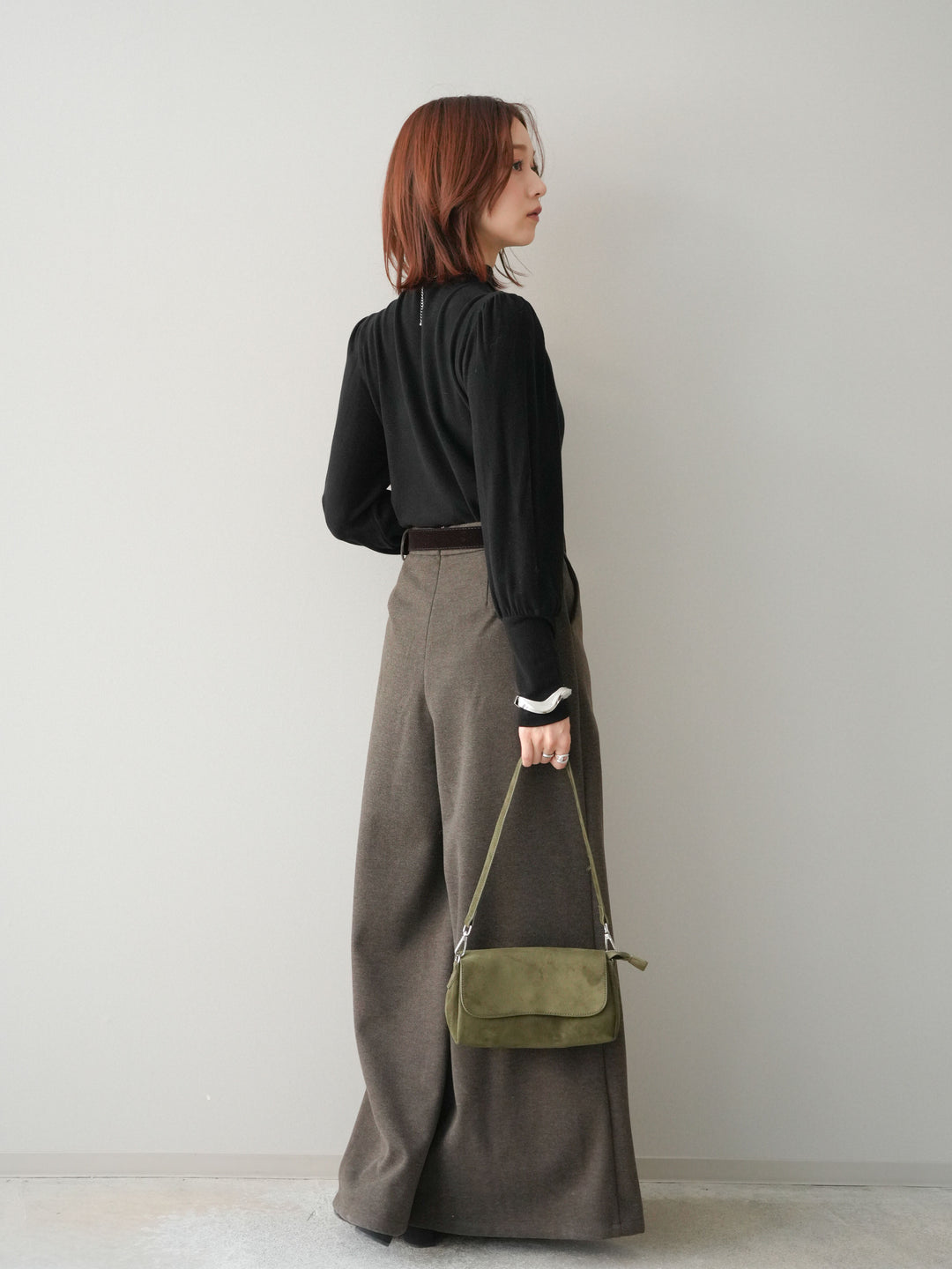 [予約]ベルト付きフロントタックワイドパンツ/brown