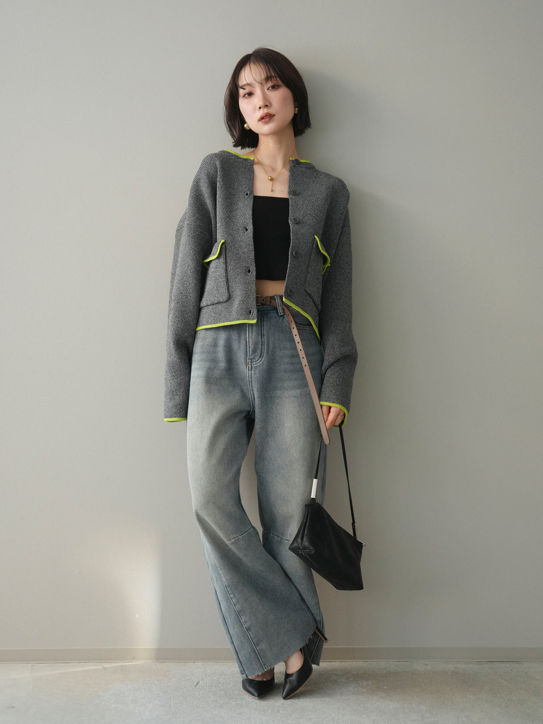 [SET]ポリエステル配色ニットカーディガン+裏起毛カットオフカーブデニムパンツ(2set)