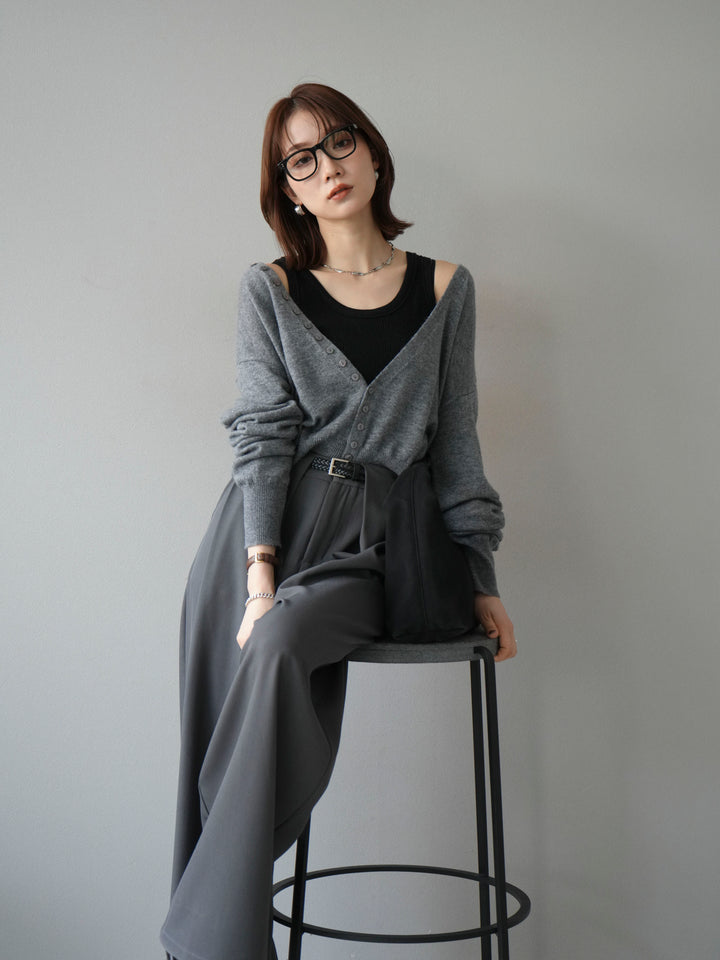 [SET]デザインボタンニットカーディガン＆タンクトップSET+ベルトループデザインワイドパンツ(2set)