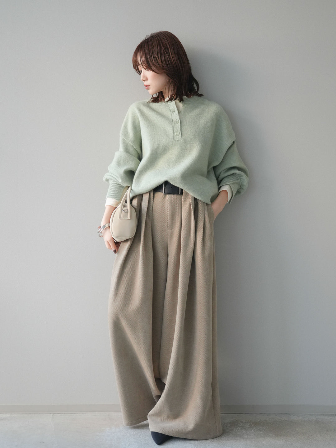 [予約]ベルトデザインループコールテンワイドパンツ(ベルト付き)/beige