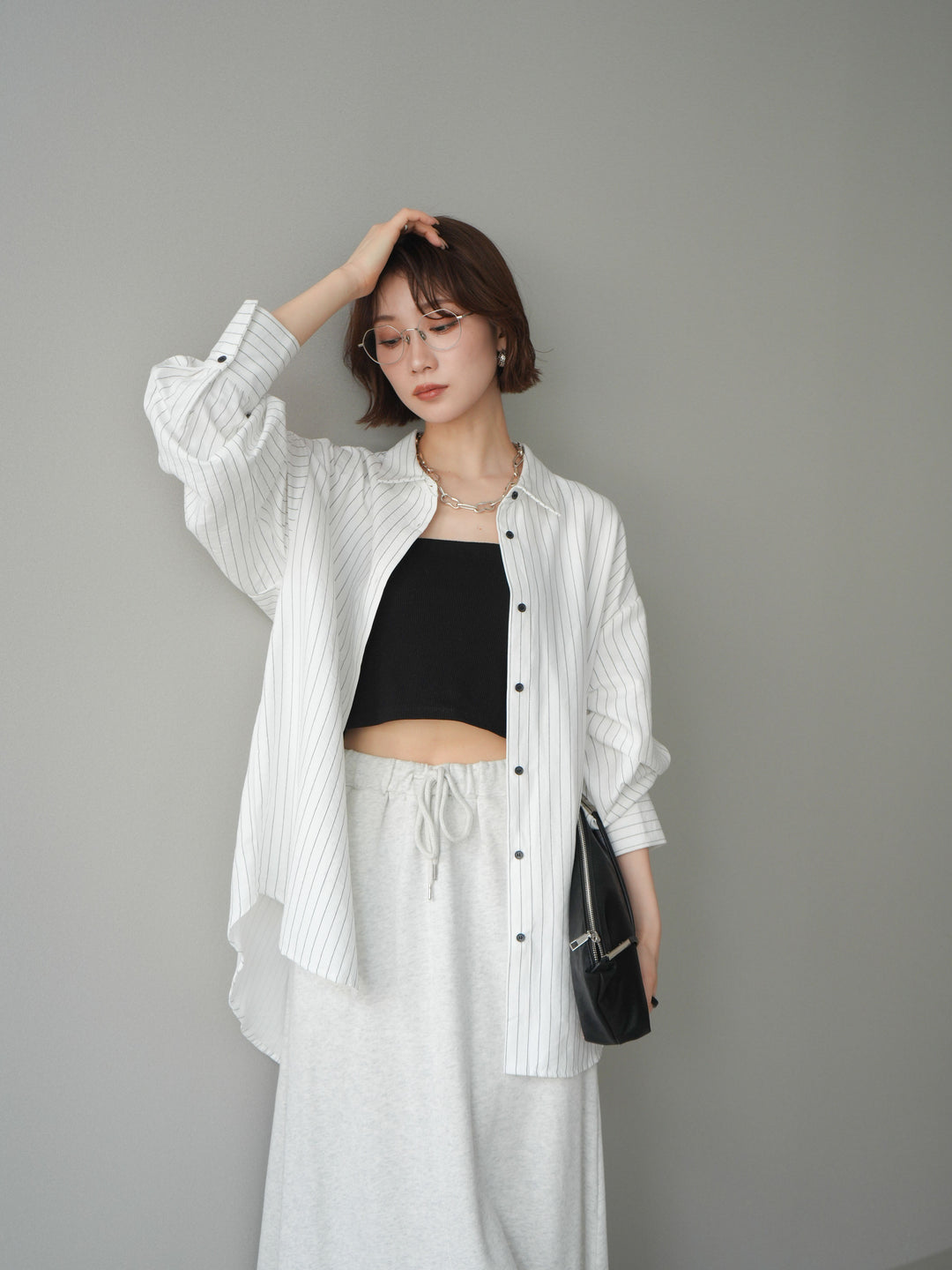 [SET]2WAYカシュクールストライプブラウス+スウェットフレアロングスカート(2set)