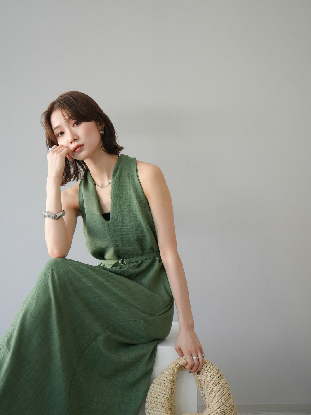 [予約]ループデザインムラ染めワンピース/グリーン