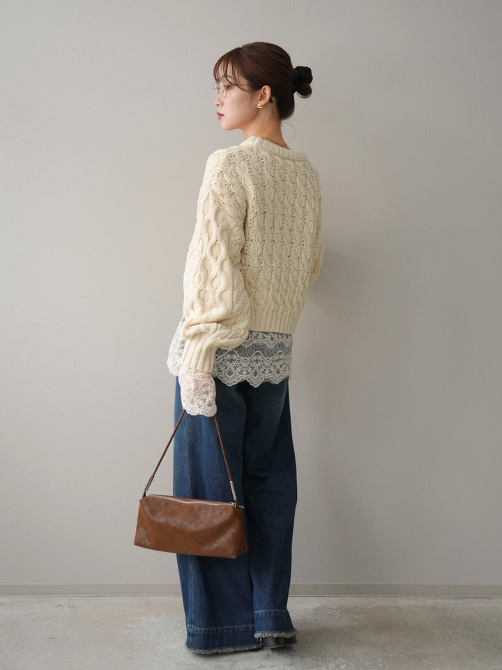 [SET]バルキーケーブルクロップドニットプルオーバー+チュールレーストップス+裏起毛裾フリンジワイドデニムパンツ(3set)