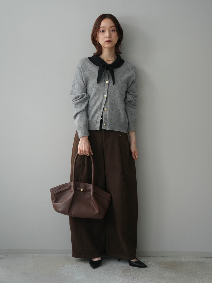 [SET]デザイン襟ニットカーディガン+ベルト付起毛コクーンパンツ(2set)