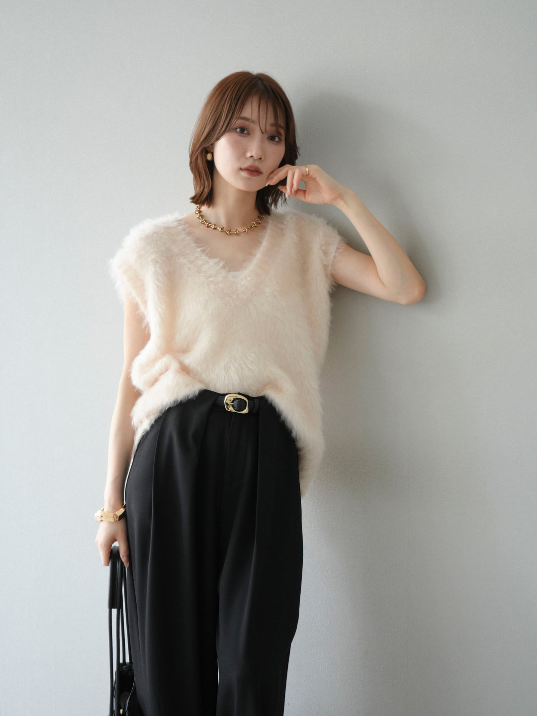 [SET]ラメシャギーVネックニットベスト+ベルトループデザインワイドパンツ(2set)