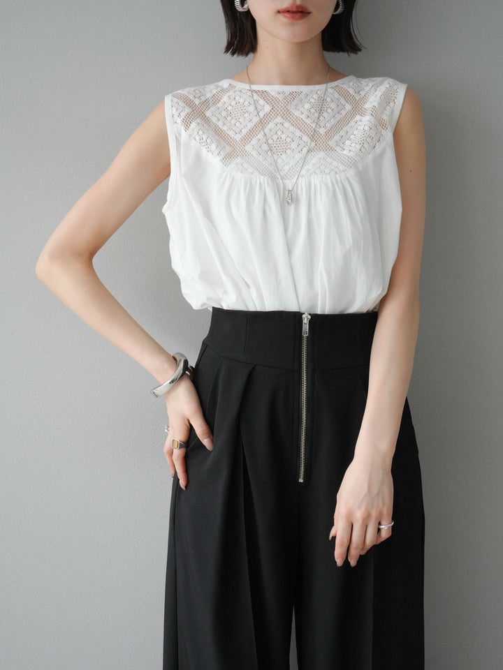 [予約]インド製コットンレース切替ノースリブラウス/オフ