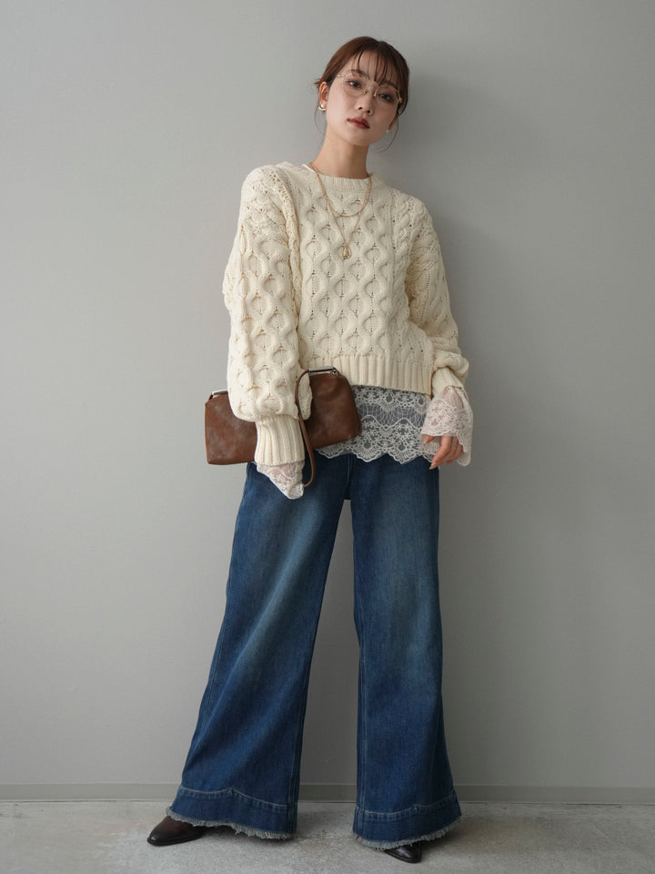 【着回しセット】[SET]バルキーケーブルクロップドニットプルオーバー+アンゴラタッチクルーネックニットプルオーバー+チュールレーストップス(3set)