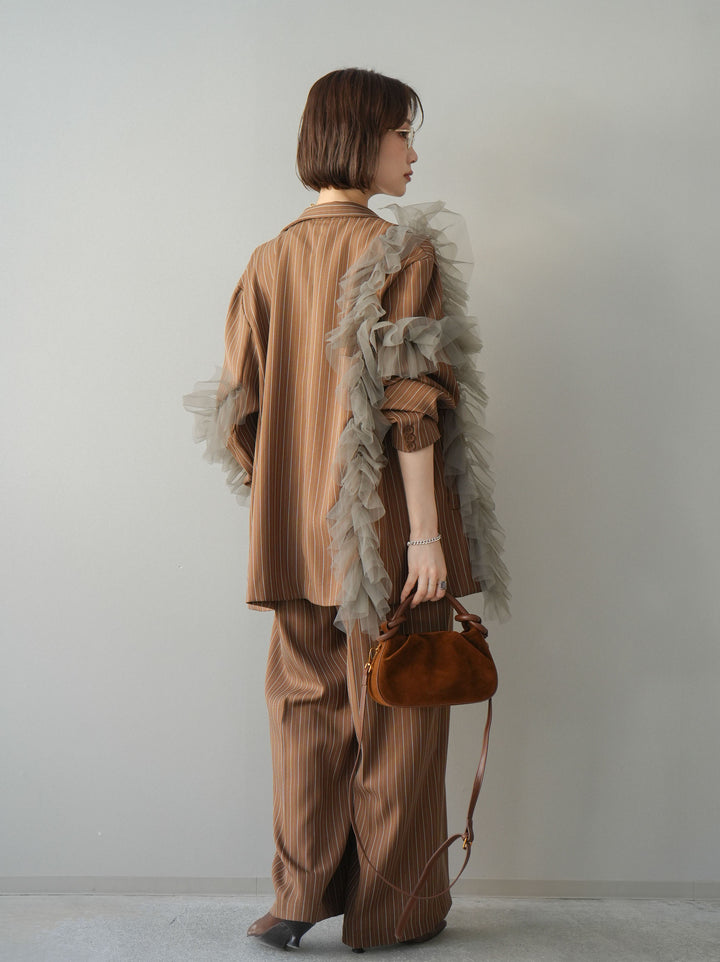 [SET]アシンメトリーチュールストライプジャケット+ヘリンボーンストライプサロペット(2set)