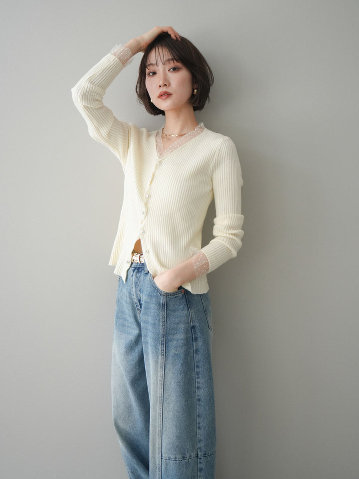 [SET]チュールドッキングパールボタンニットカーディガン+選べるアクセセット(2set)