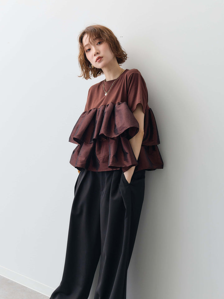 【套裝】縐綢燈籠無袖襯衫+縐綢束腰闊腿褲+荷葉邊層疊T卹（三件組）