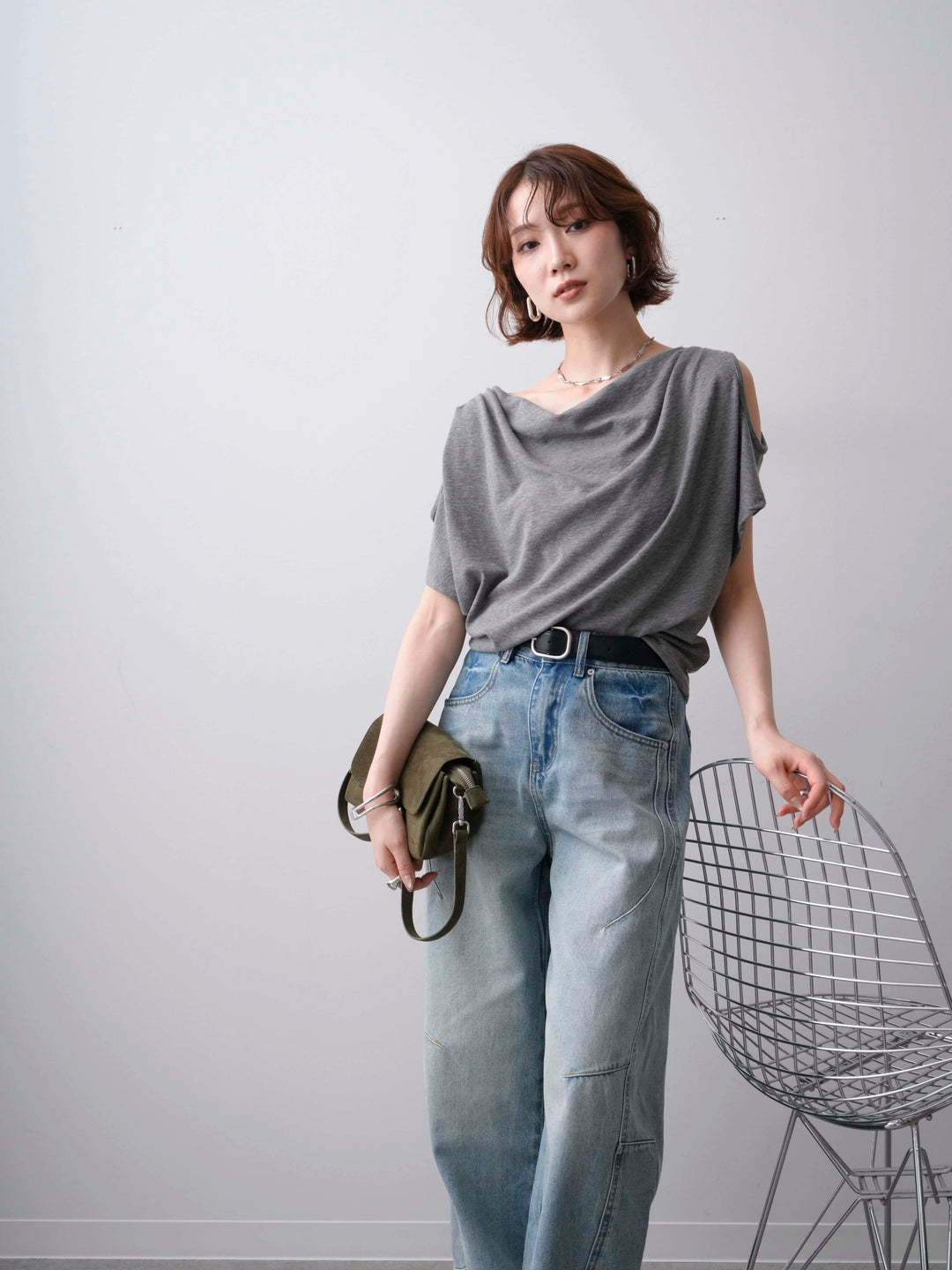 [予約]オープンショルダードルマンカットソー/gray