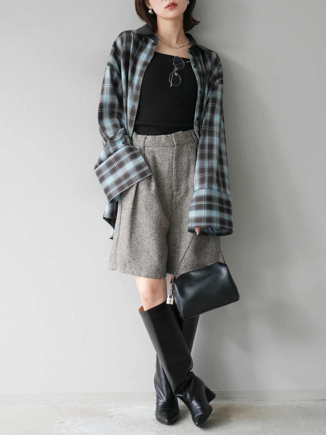 [SET]レザー襟オンブレチェックオーバーシャツ +ツイードハーフパンツ(2set)