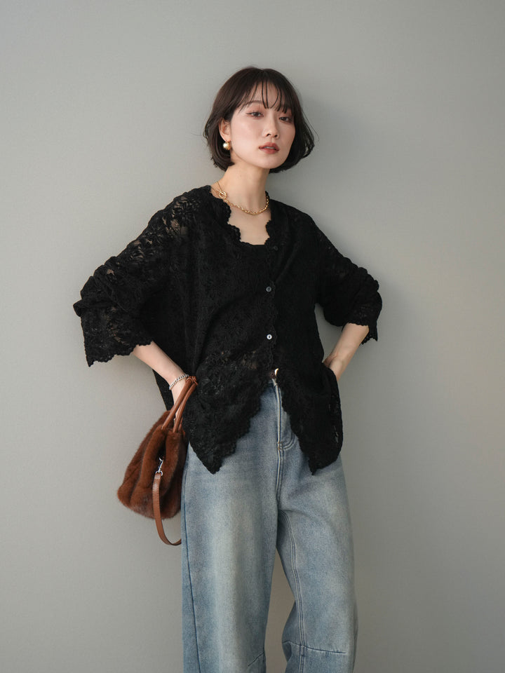 [予約]Vネックレースブラウス/black