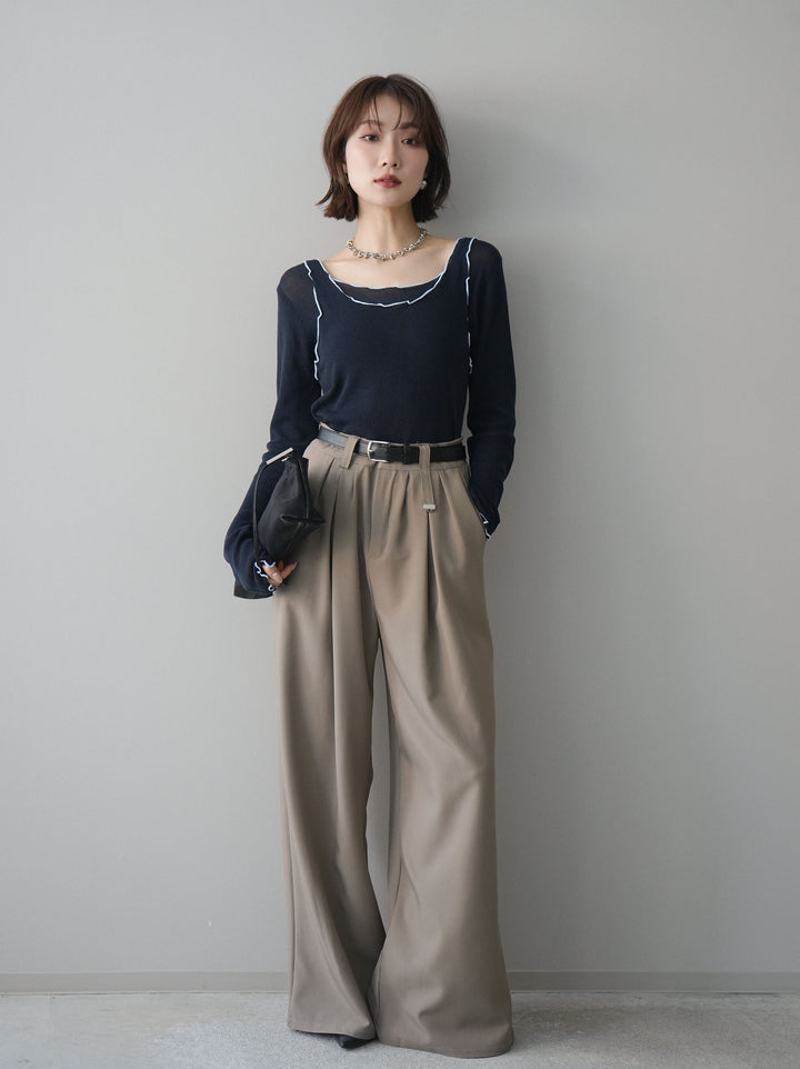 [SET]バイカラーメローアンサンブルシアーニットトップス+ベルト付キーホルダーモチーフワイドパンツ(2set)