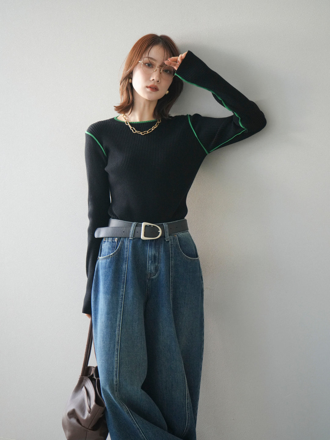 [予約]バイカラークルーネックリブニットトップス/black