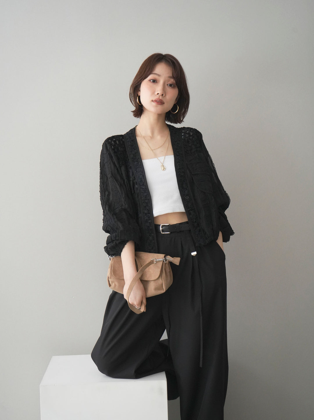 [SET]パッチワークシアーフリルブルゾン+カップ付テレコリブベアキャミソール+ベルト付キーホルダーモチーフワイドパンツ(3set)