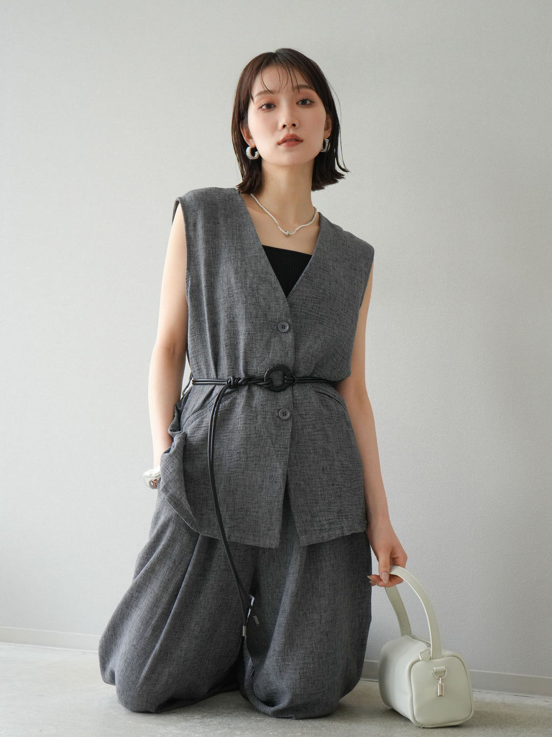 [SET]ベルト付リネンタッチベスト＆ワイドパンツSET UP(2set)
