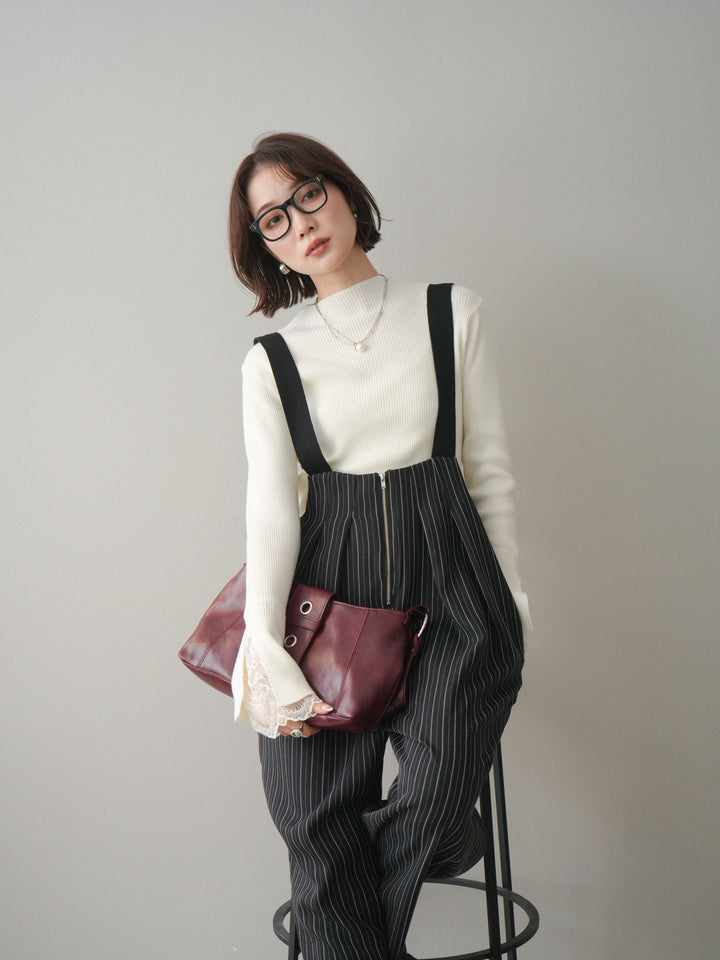 [SET]袖スカラップレースオフネックニットトップス+グログランテープストライプサロペット(2set)