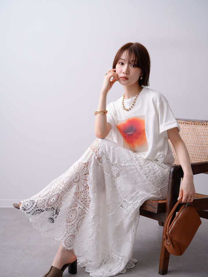 [SET]ニュアンスフローラルフォトTEE+クロシェマキシスカート(2set)