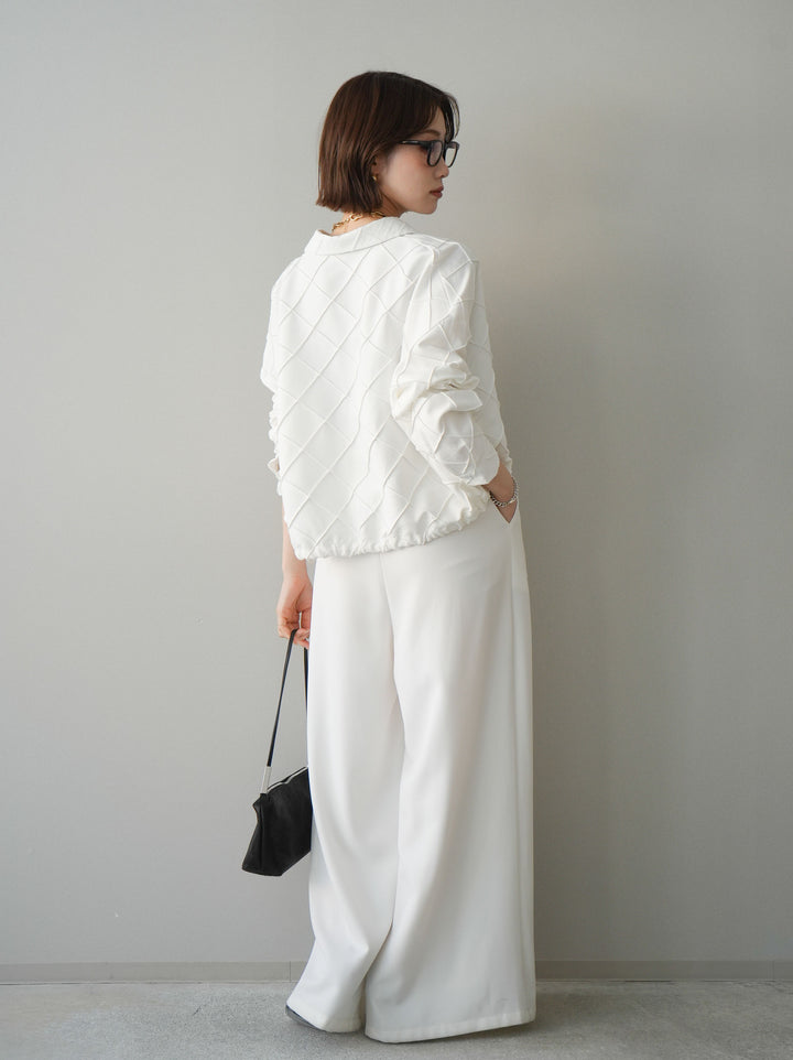 [SET]パイピングクロスデザインブラウス+編み込みベルト付タックワイドパンツ(2set)