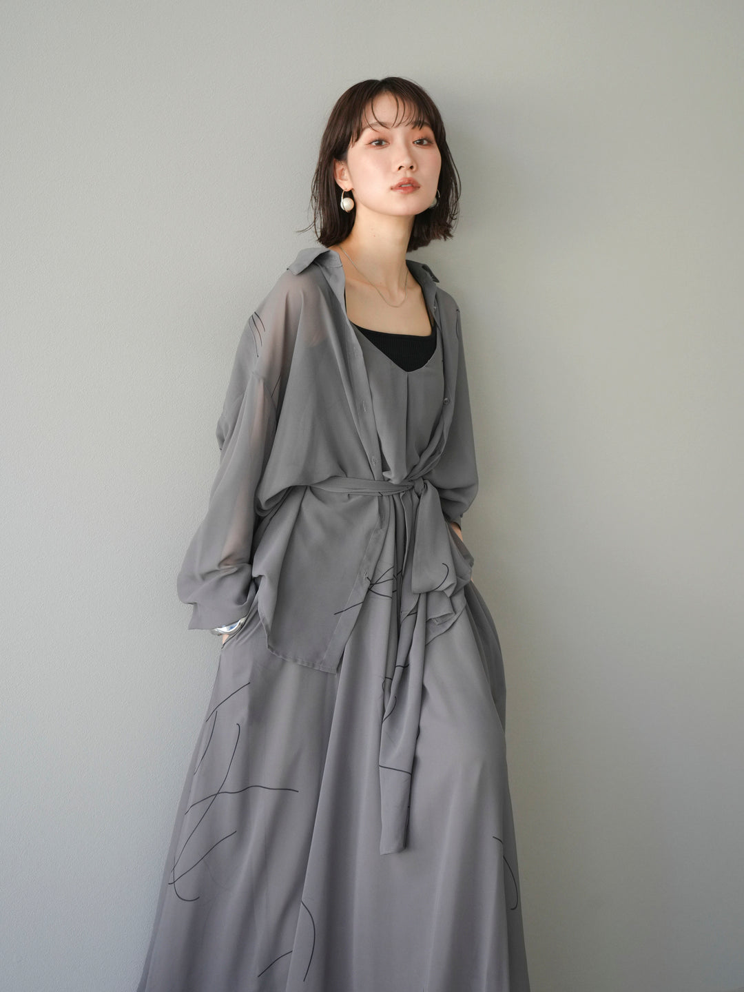 [SET]ペンタッチシフォンキャミワンピース+ペンタッチシフォンシャツ(2set)