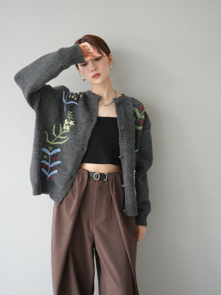 [SET]フラワー刺繍ニットカーディガン+ベルト付タックワイドパンツ(2set)