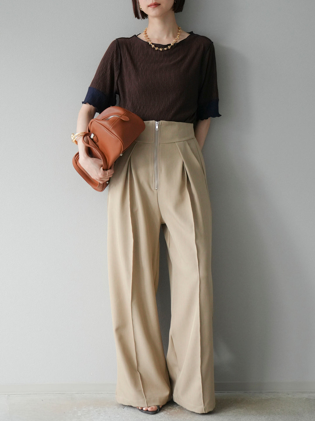 [SET] 百褶同色船領套頭衫 + 拉鍊褶襉寬褲 (2 套)