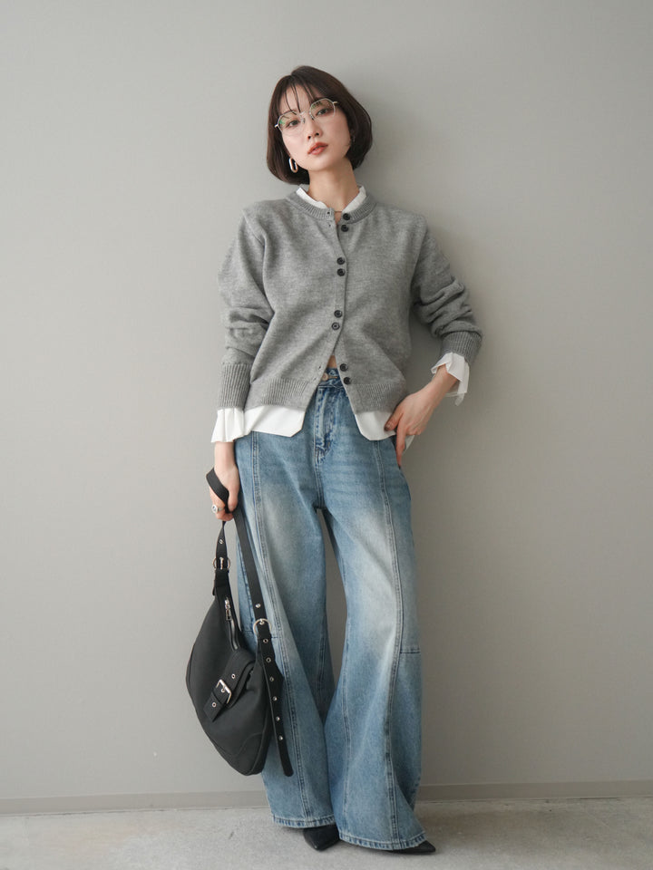 [SET]布帛ドッキングニットカーディガン+ガーメントウォッシュカーブデニムパンツ(2set)